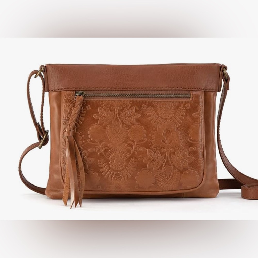 The SAK Sanibel Mini Crossbody in Tobacco Floral Embossed Leather